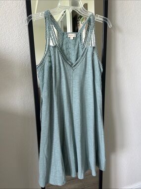 Hem & Thread Dusty Blue Crochet-Trim V-Neck Dress